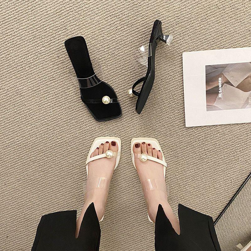 One Word with Transparent Sandals Female 2025 Explosion Summer Temperament Small Feet High Heels Fairy Style Pearl Cool Slippers