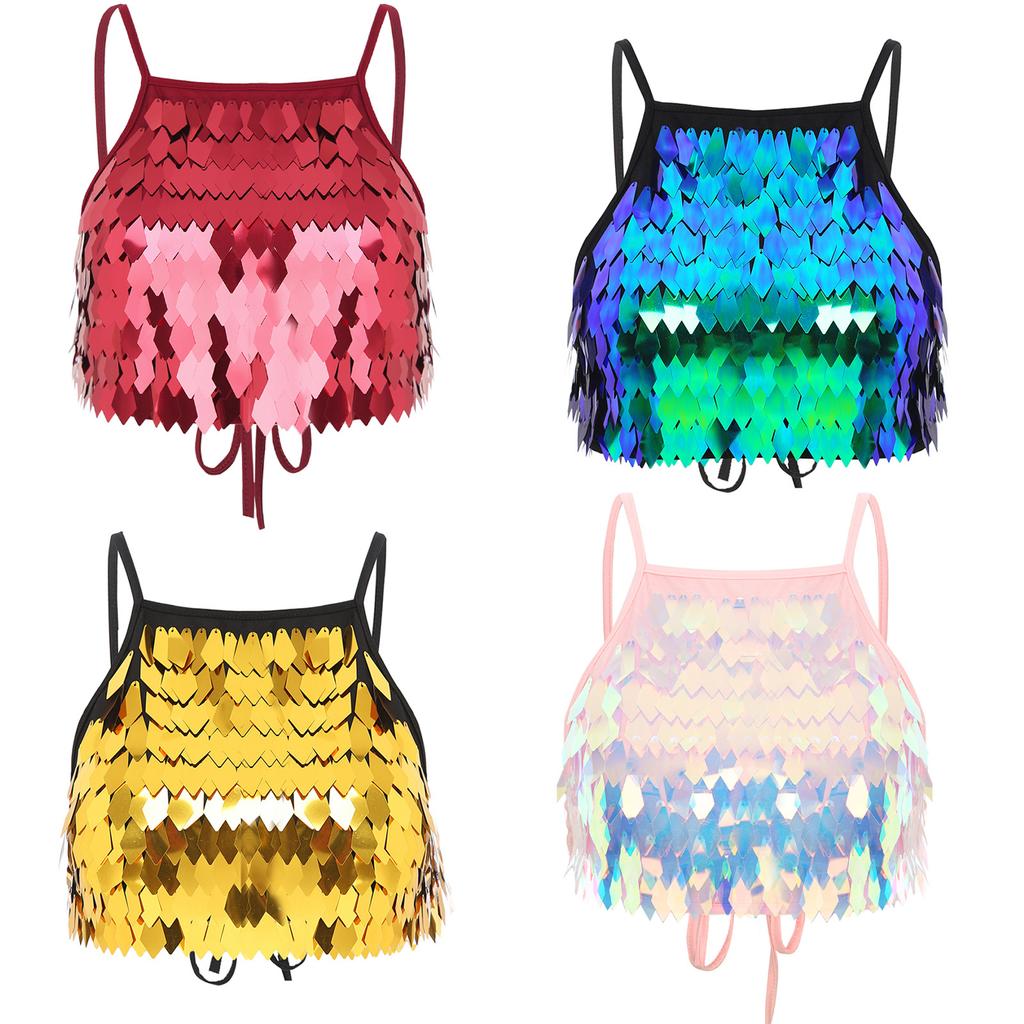 Women Sequin Tassel Bra Top Spaghetti Straps Lace Up Back Crop Camisole Belly Dance Clubwear