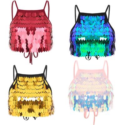 Damski Top Biustonosz Sequin Frędzle Ramiączka Spaghetti Sznurowany Tył Crop Camisole Odzież do Tańca Brzucha Klubowa