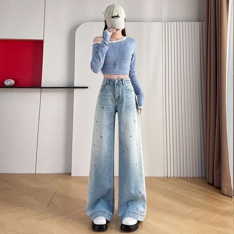 American Retro High Waist Blue Rose Embroidered Rhinestone Denim Jeans - Slimming Straight Leg 2025 X-Large