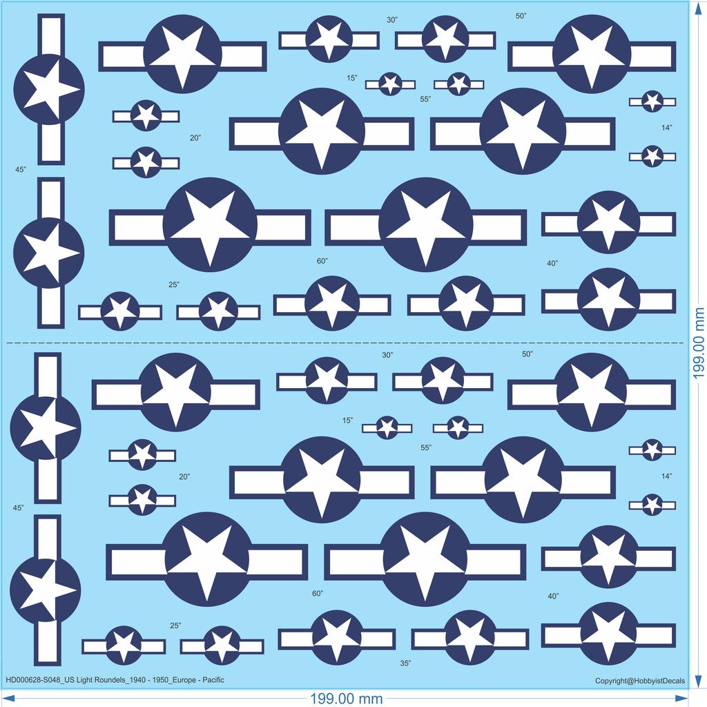 US Light Roundels_1940 - 1950_Europe - 1/24 1/32 1/48 1/72 1/144 - Water Decal - Waterslide, 1/24
