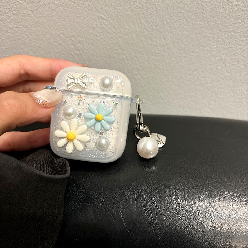Love Strawberry Pearl Apple Bluetooth Headset Cover For Airpods 4 Glitter Pendant Airpods Pro Women