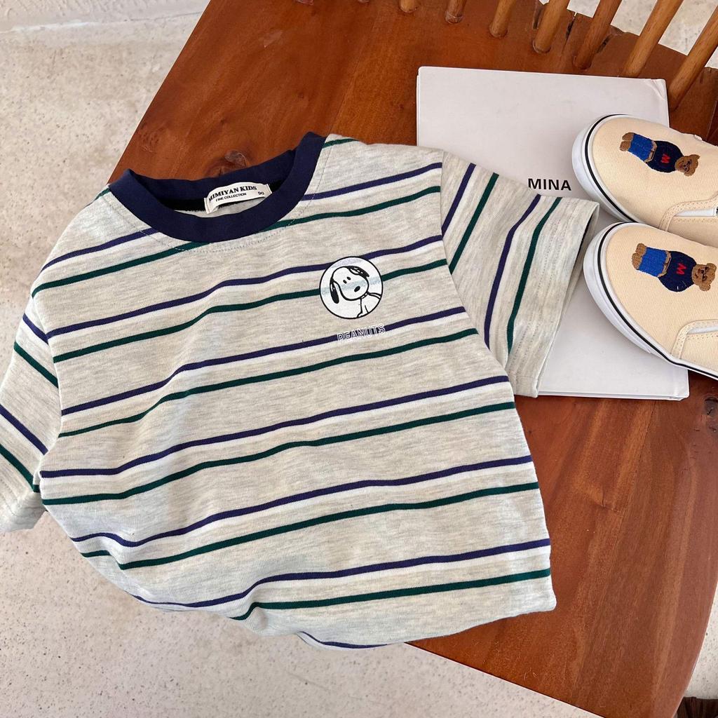 Ice Silk Cotton Striped Heart Short Sleeve Baby Top - Unisex Summer 2025