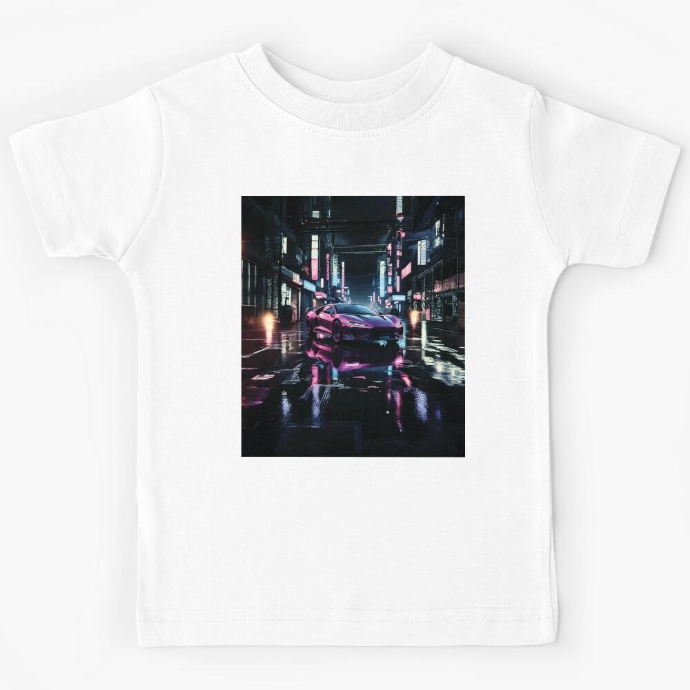 Futuristic Sports Car on Neon-Lit Cyberpunk Street at Night Kids T-Shirt 150