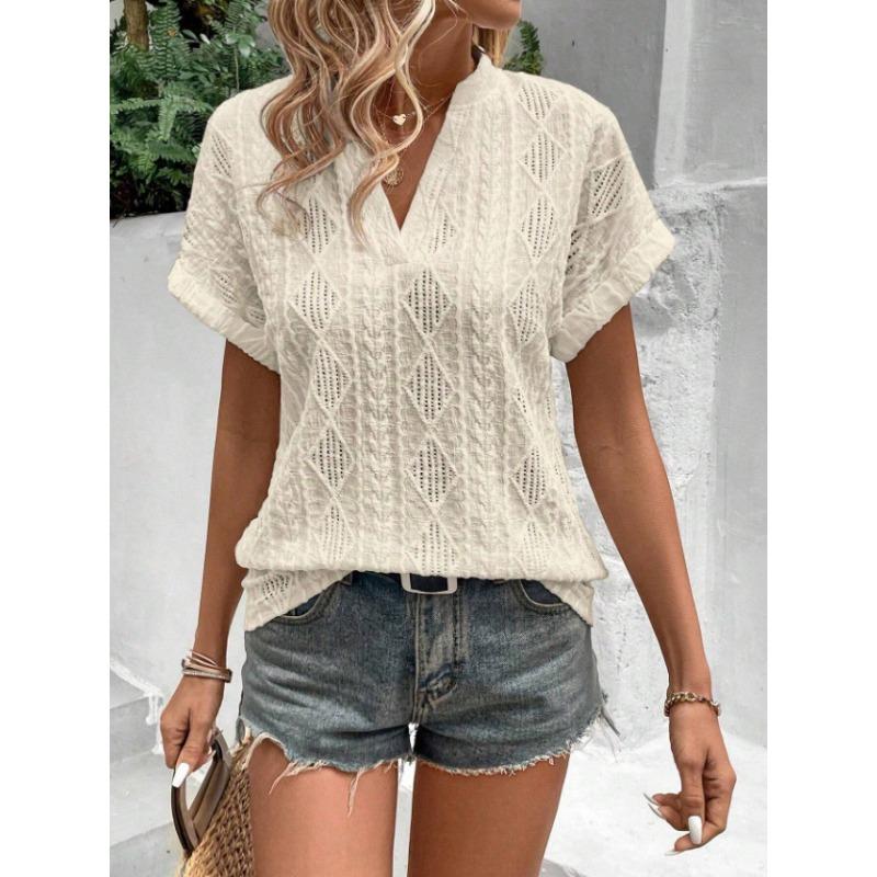 Καλοκαιρινό γυναικείο πουκάμισο Casual Hollow Jacquard V γιακά Φαρδύ κοντομάνικο