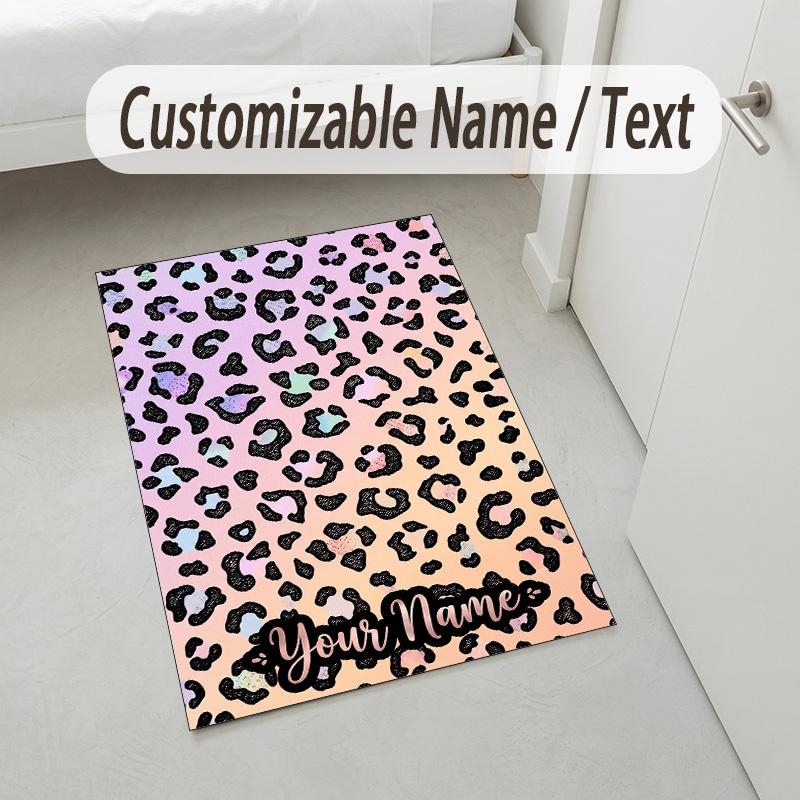 Leopard Ornate Theme Soft Crystal Velvet Rug Custom Name & Text Print Non Slip Floor Rug for Bedroom Living Room