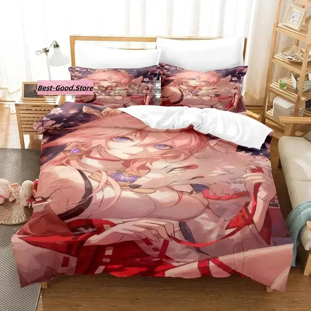 Set lenjerie de pat Genshin Impact Yae Miko Single Twin Full Queen King Size Set de pat Aldult Copil Dormitor Seturi husă pilotă Imprimare 3D Joc