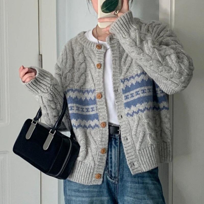 

Мягкий восковой ретро кардиган с косами для женщин, новая коллекция осень-зима, в стиле колледжа, однобортный, свободный свитер-жакет one size fits all серый