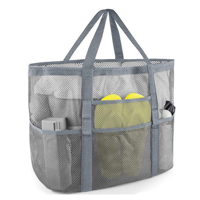 Mesh Beach Bag with 8 Pockets - Large Capacity Travel & Toy Storage Bag