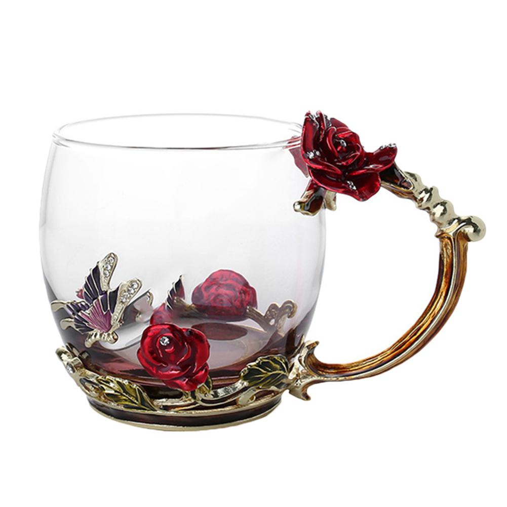 Rose Flower Cup Enamel Water Cup Heat-resistant Glass Cup Enamel Coffee Tea Cup Mug 3D Rose Butterfly Glass Cups Wedding Gift