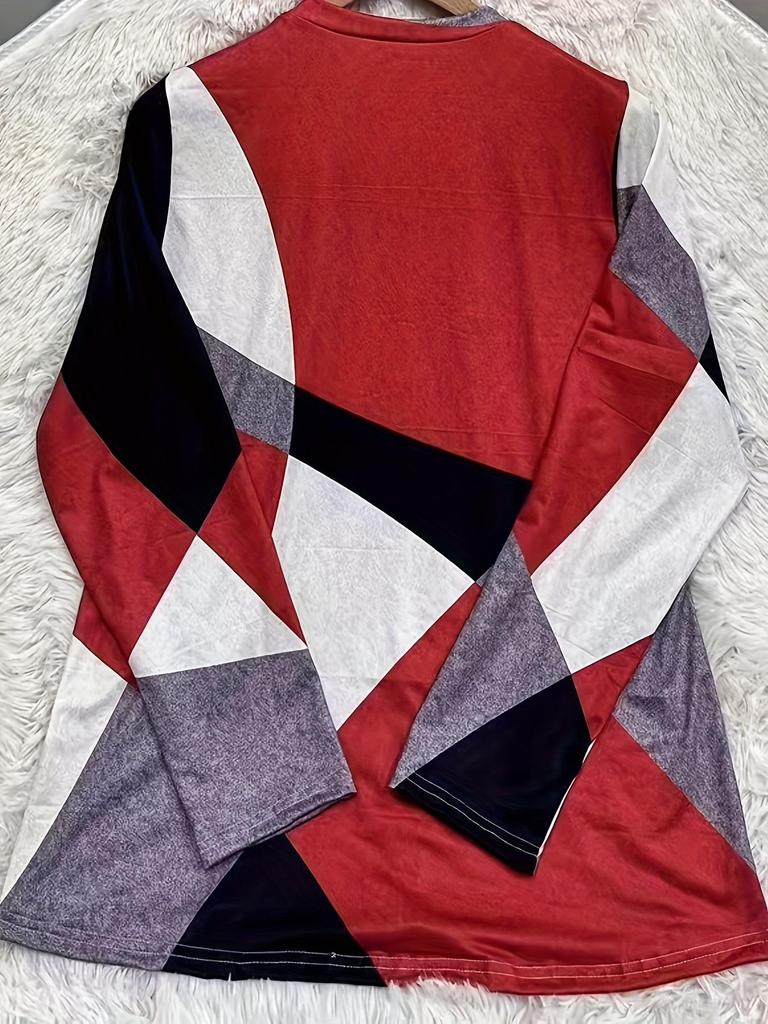 Plus Size Women's Color Block Geometric Print Long Sleeve Top - Multiple Colors, Spring/Autumn Style