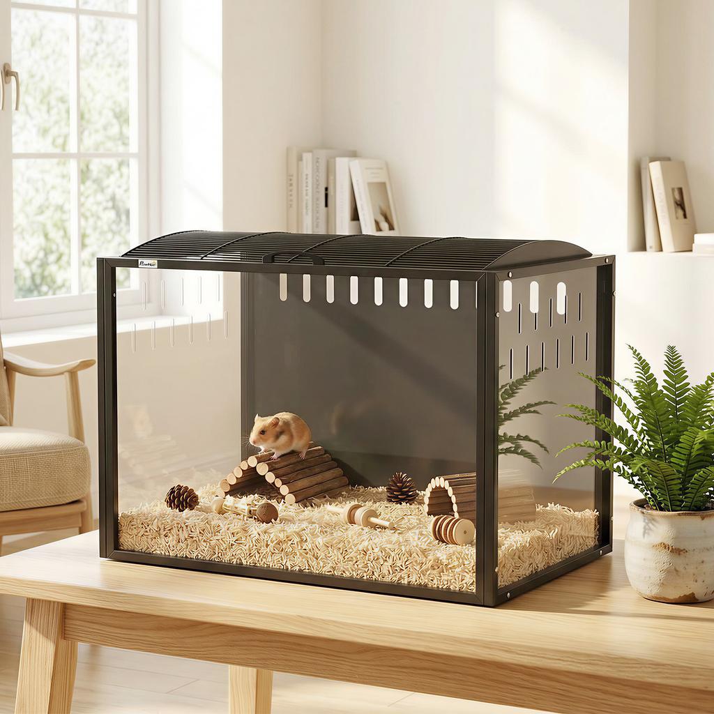 Giant Hamster Cage Rodent Habitat in Transparent Acrylic and Steel Panoramic View 81 x 51 x 53 cm Black