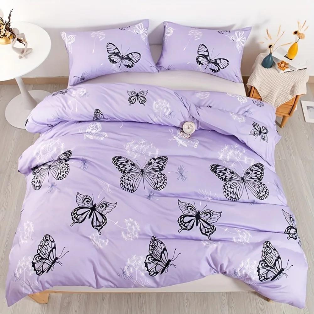 Ensemble de literie 3 pièces violet avec imprimé papillon noir Ensemble de housse de couette douillette Taille King Queen Twin Single Cadeau d'anniversaire Décoration de chambre d'adulte AU Queen(210x210cm)