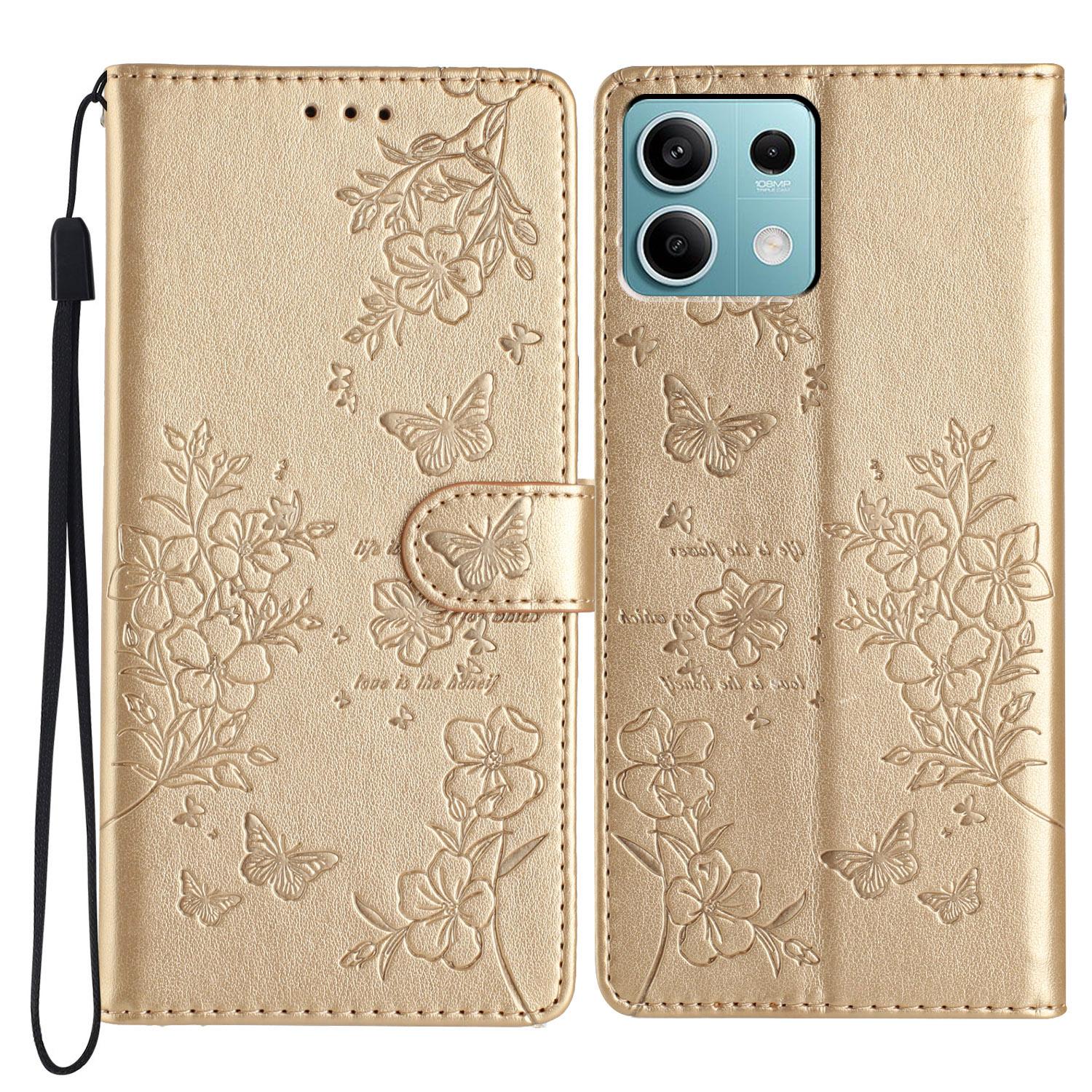 

For Xiaomi Redmi Note 13 5G Wallet Case Butterfly Floral Imprint Leather Phone Shell Gold