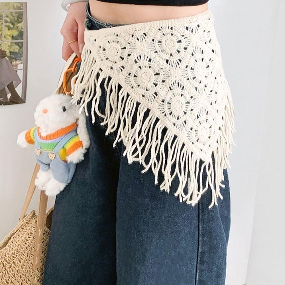 Bohemian Knitted Butt Flap Hollowing Out Tassel Hip Apron Triangular Scarf Tie Straps  Women Girls