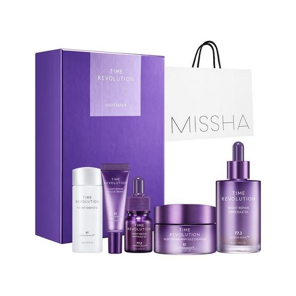 MISSHA Time Revolution Night Repair Ensemble Spécial 2 pièces 5X, (Ampoule 50ml+10ml + Ampoule Crème 50ml + 10ml + Essence 30ml + Coton Démaquillant 16pcs)