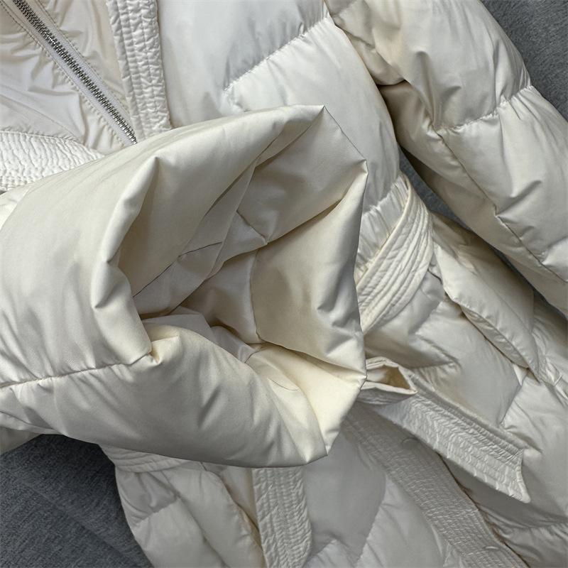 Women's Winter Autumn Hooded White Duck Down Jacket Coat Loose Long Solid Color Big Pocket Belt Waist Down Coat