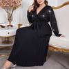 Women Fashion Sequined Pleated V Neck Long Sleeve Waist Cinched A Line Long Dress