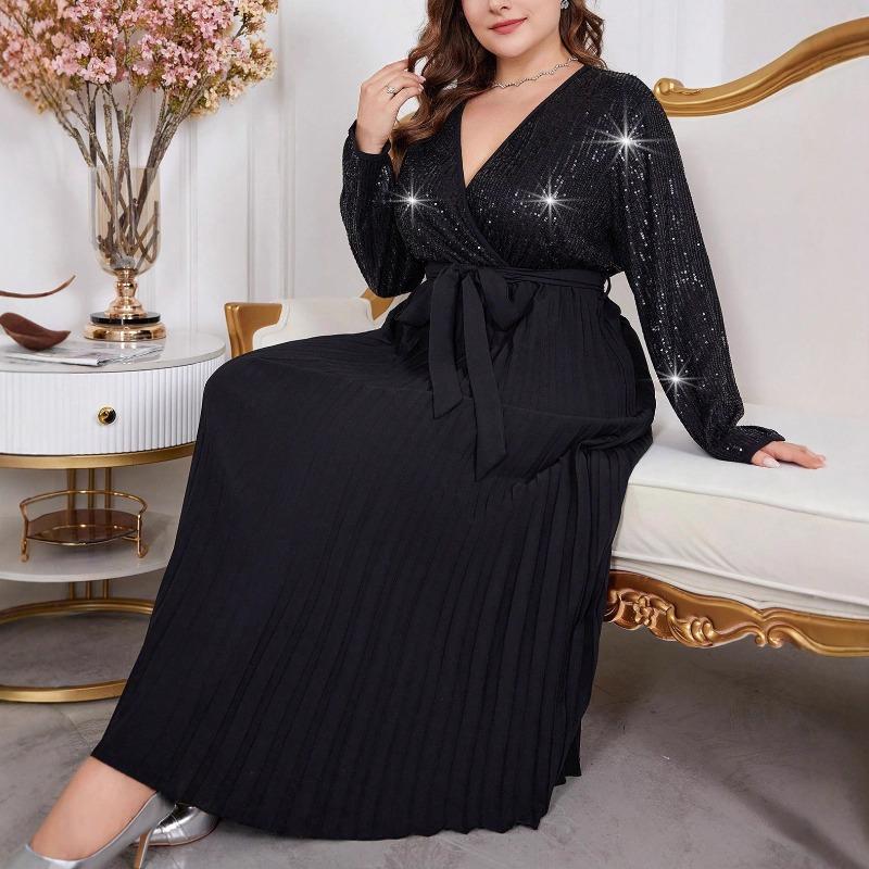 Women Fashion Sequined Pleated V Neck Long Sleeve Waist Cinched A Line Long Dress