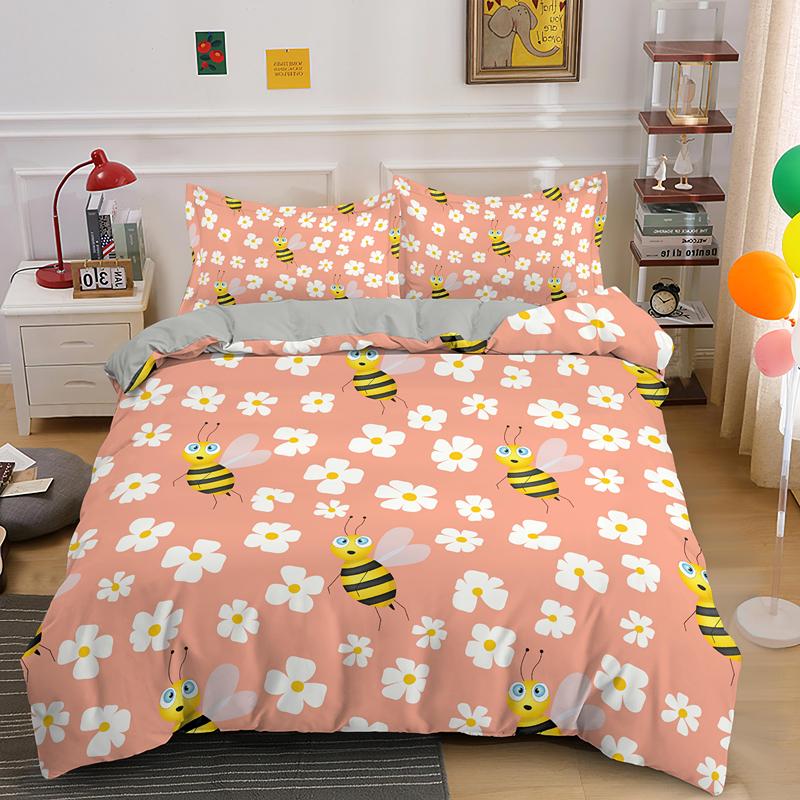 Cartoon Bee Duvet Cover King Queen Lovely Yellow Flying Animal Bedding Set For Kids Boys Girls Beautiful Flowers Comforter Cover