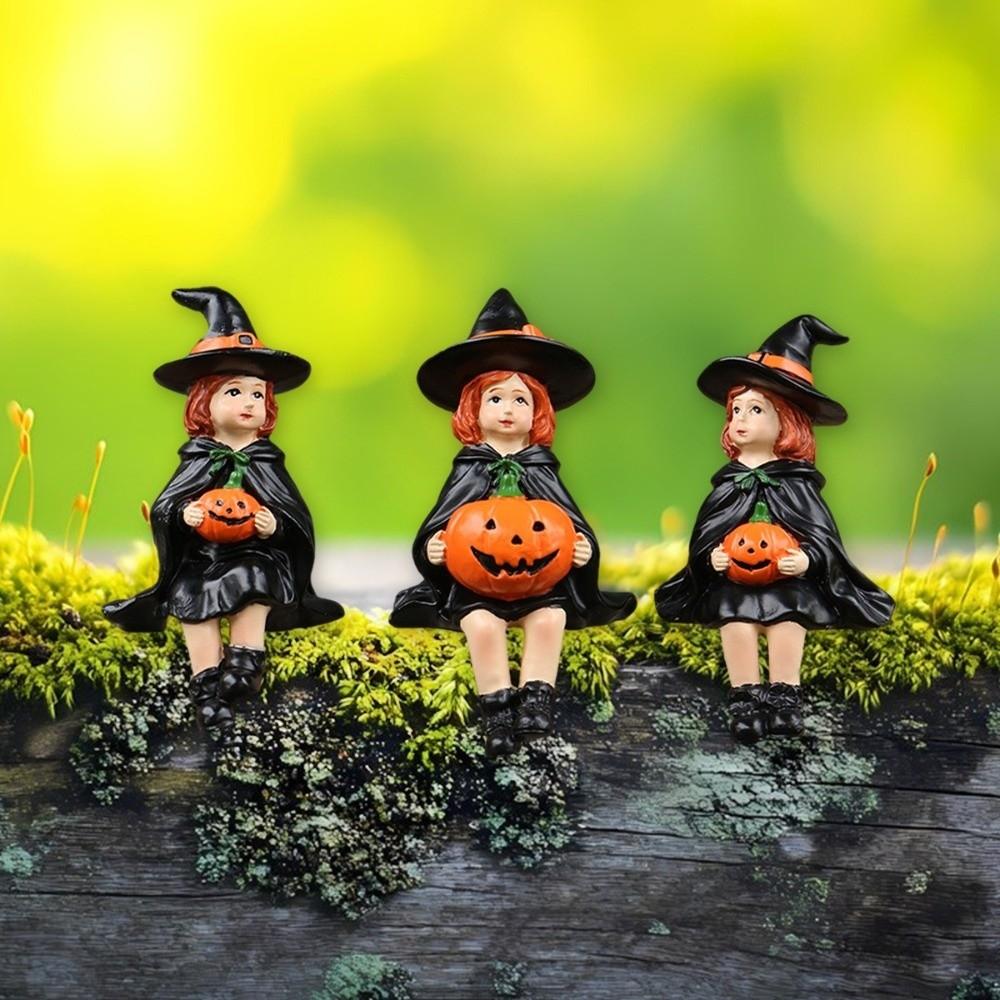 3pcs Handmade Witch Holding Pumpkin Statue Cute Witch Ornament Halloween Statue  Bookshelf