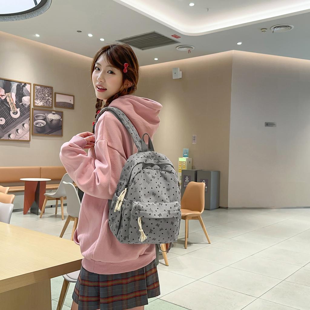 Schoolbag New Corduroy Bow Printed Backpack Casual Student School Bag Junior High School Student School Bag Travel Backpack
