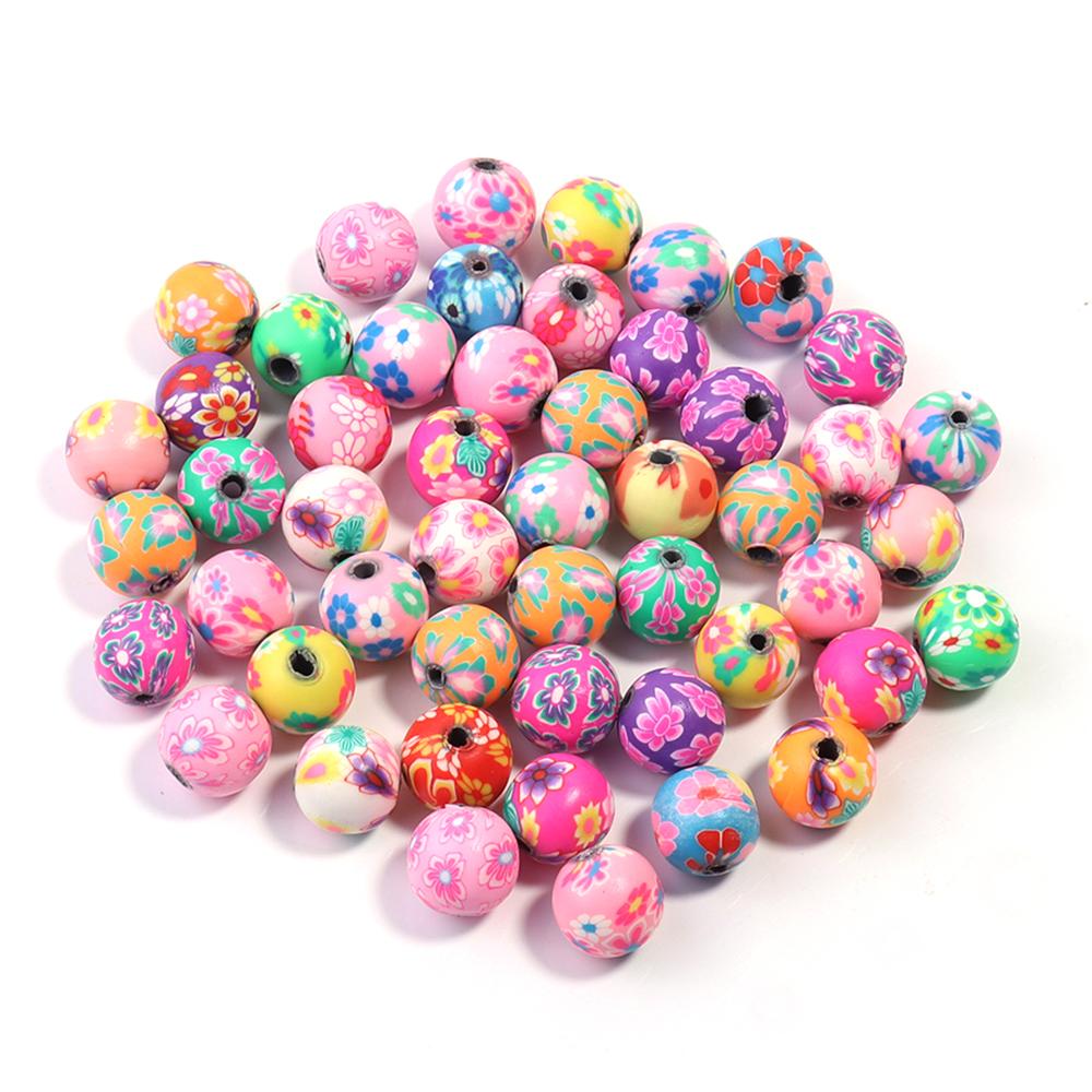 50 Stück 6/8/10/12 mm Polymer Clay Blumenmuster Perlen Gemischte Farbe Runde Lose Abstandshalterperlen Für Schmuckherstellung DIY Armband Zubehör