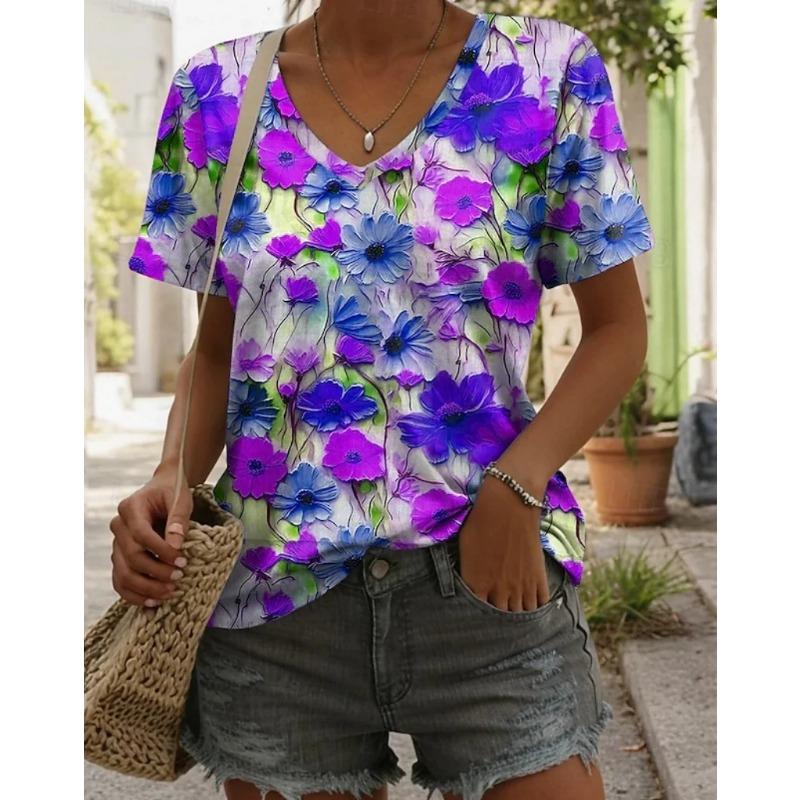 Summer V-neck 3D Printed Colorful Flower Pattern Top Fashionable Casual Short Sleeved Women's T-shirts