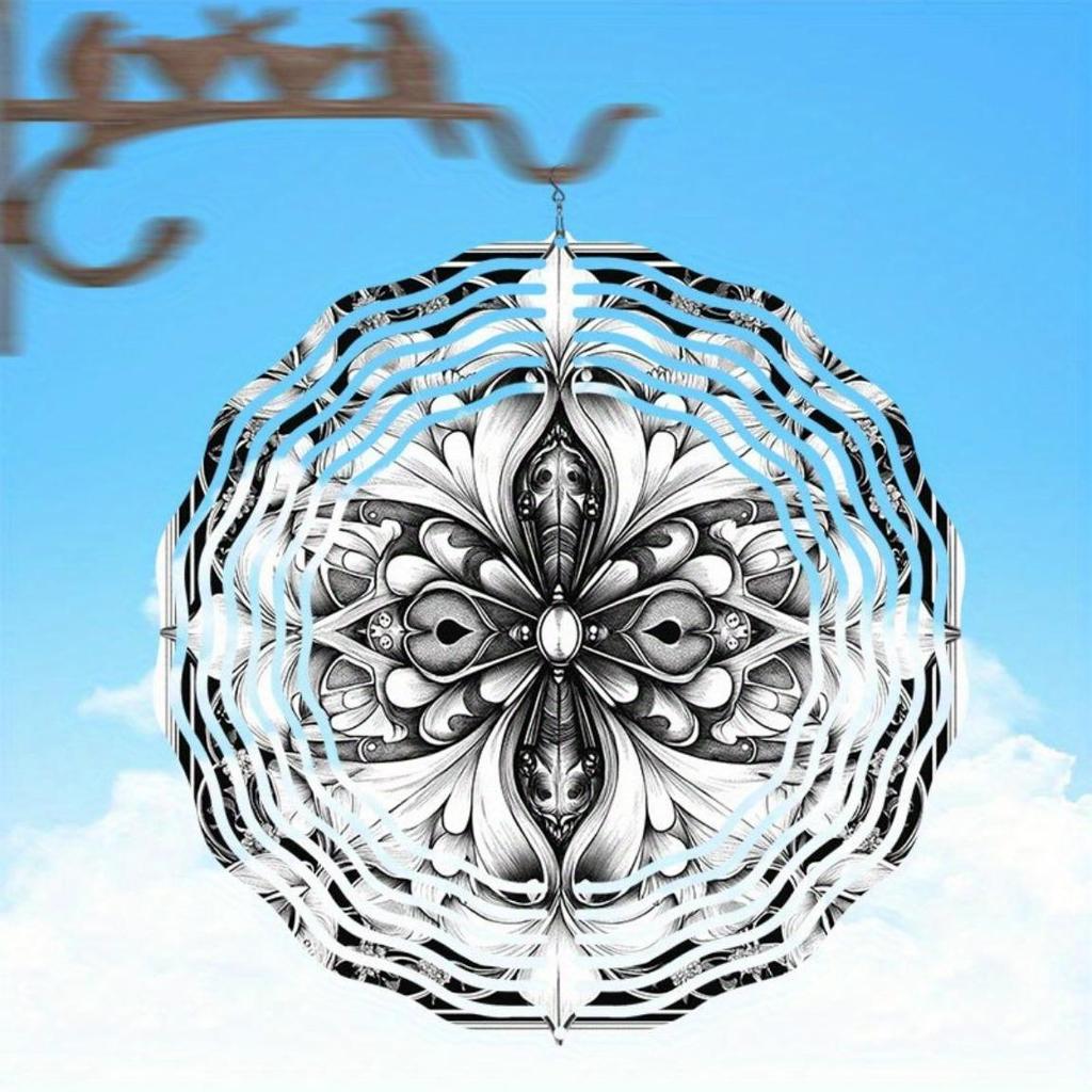 Handcrafted Black & White Metal Wind Spinner - Intricate Floral Design, Dual-Direction Spinning Garden Chime | No Power Needed