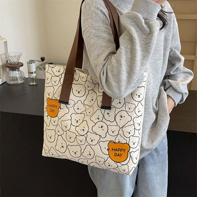 Chic Bear Print Canvas Tote Bag Versatile Handbag Shoulder Bag For Work  Travel  School With Durable Strap Small Crossbody Bag