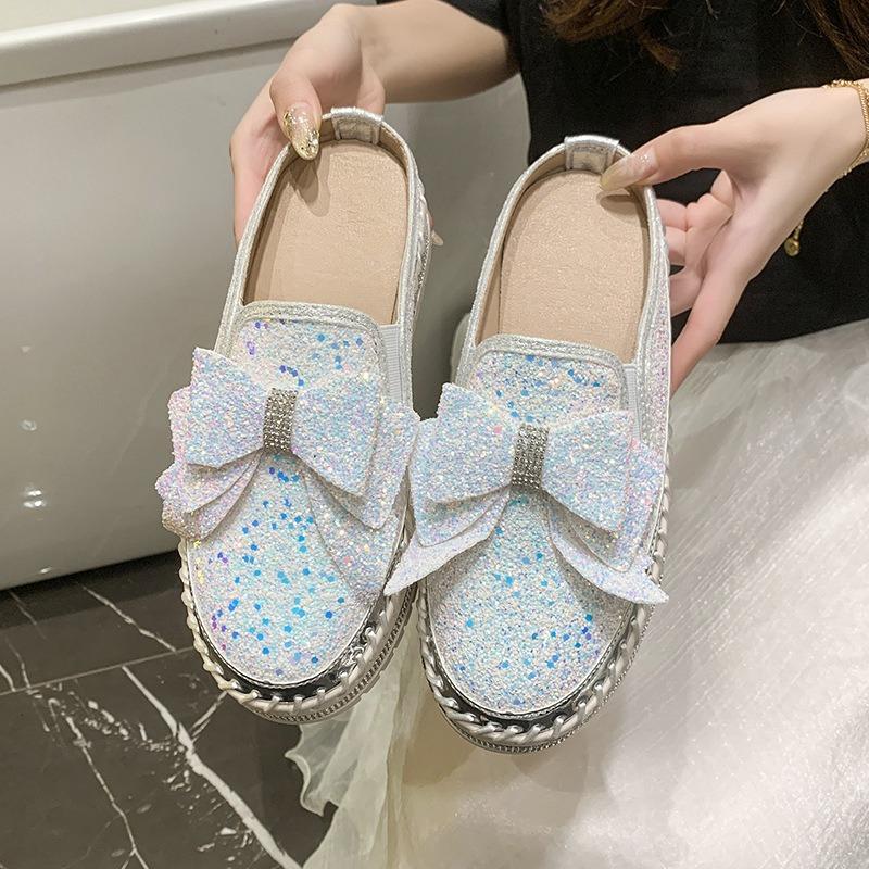 Large Size Casual Single Shoes Women's Spring New Flat Bottom Thick Bottom Round Head Bow Sequined Half Slippers Women
