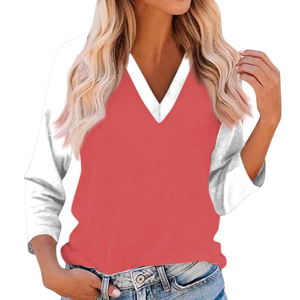 Women's Casual And Fashionable Patchwork V-Neck Top With Seven Quarter Sleeves Top