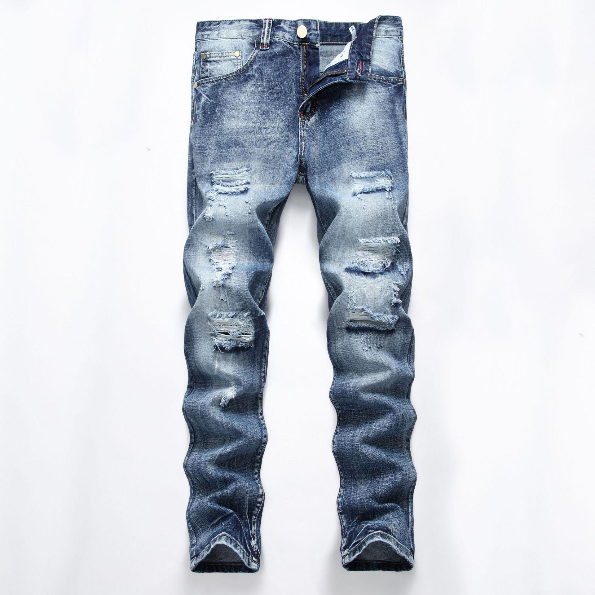 Top Men Wardrobe Heren Lichtgekleurde Gescheurde Rechte Slim Jeans 38 blauw