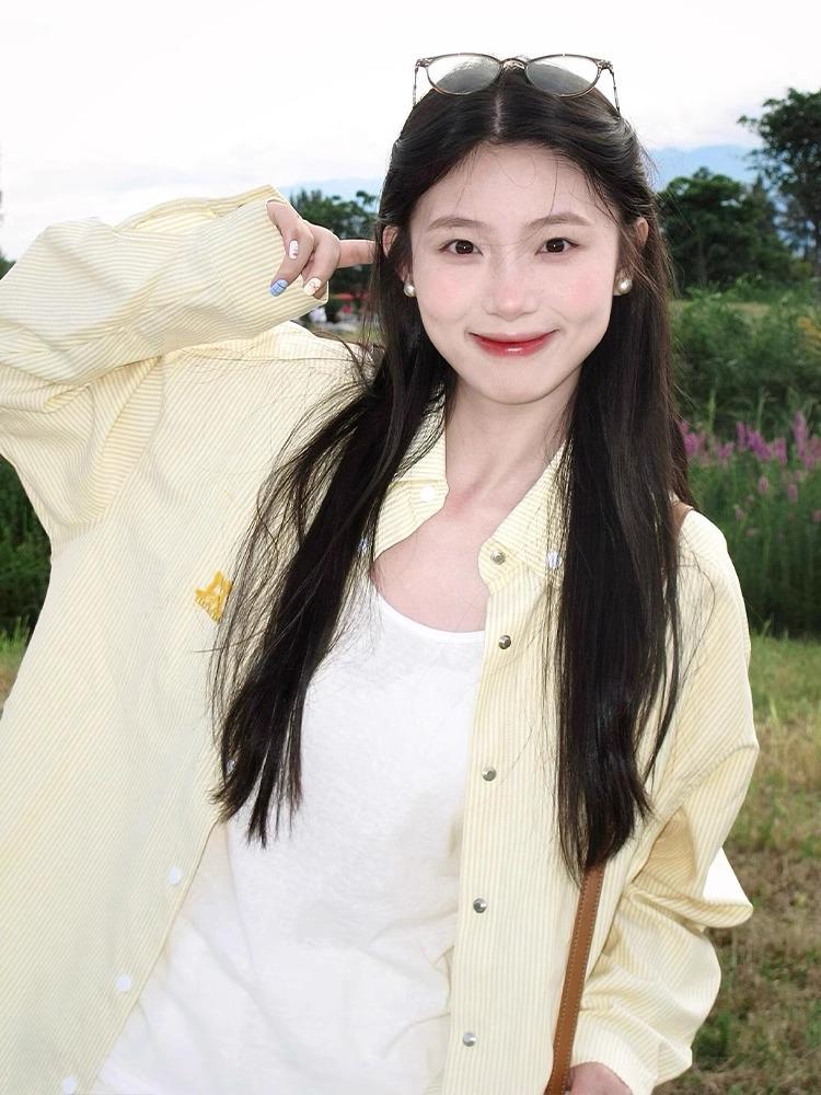 

Женская желтая полосатая рубашка с вышивкой щенка - Свободный крой, Защита от солнца, Дофаминовый стиль ранней осени Double Extra Large жёлтый