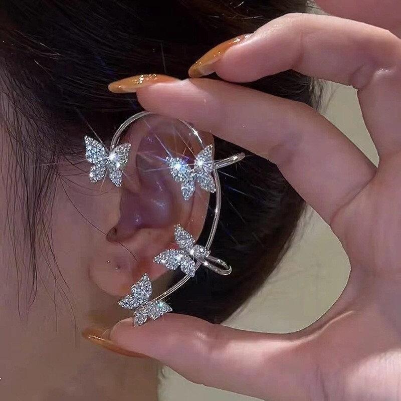 Gold Silver Color Metal Butterfly Ear Clips Without Piercing for Women Sparkling Zircon Ear Cuff Clip Earrings Wedding Jewelry