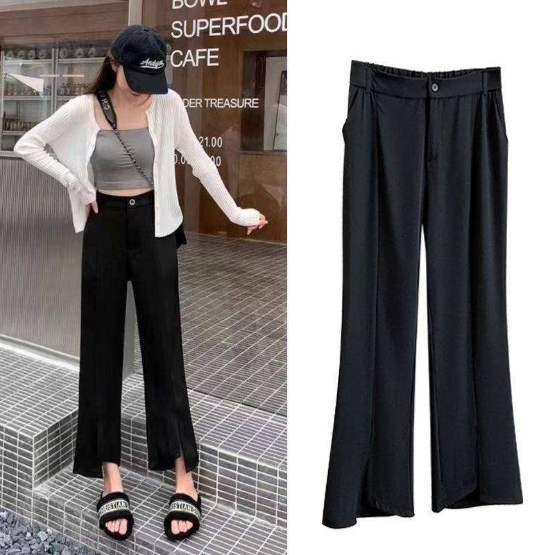 

Women s Plus Size Black Silk Casual Pants with Front Slit - Versatile, Semi-Elastic Waist, Straight Cut 4XL (Recommended weight: 70-80 kg) чёрный