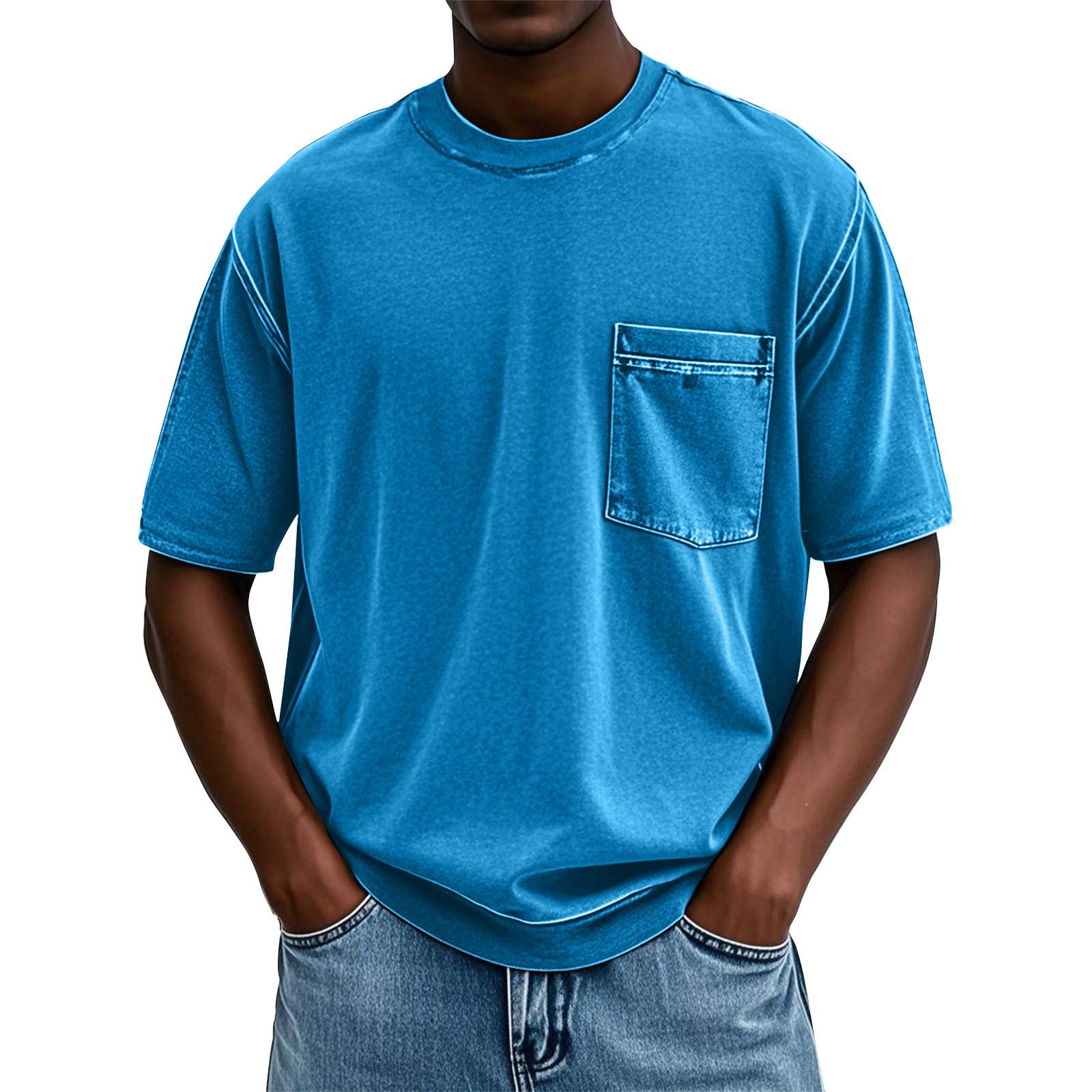 

Men s Summer Color Round Neck Loose Pocket Short Sleeve Top XXXL тёмно-синий