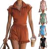 Women Casual Two Piece Set Knit Stretchy Short Sleeve Zip Up Top with Ruffled Hem and Elastic Waist Shorts Lightweight Lounge Outfit