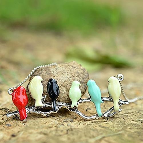 Cute Animal Lovely Pendant Six Birds On Branch Women Long Jewelry Chain Necklace AVE