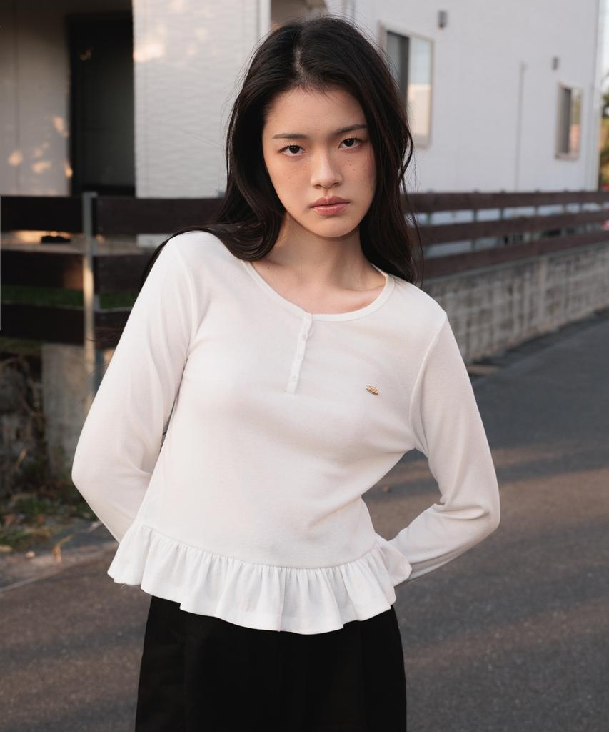 DEHEVE Frill Henley Neck Long Sleeve [Ivory]