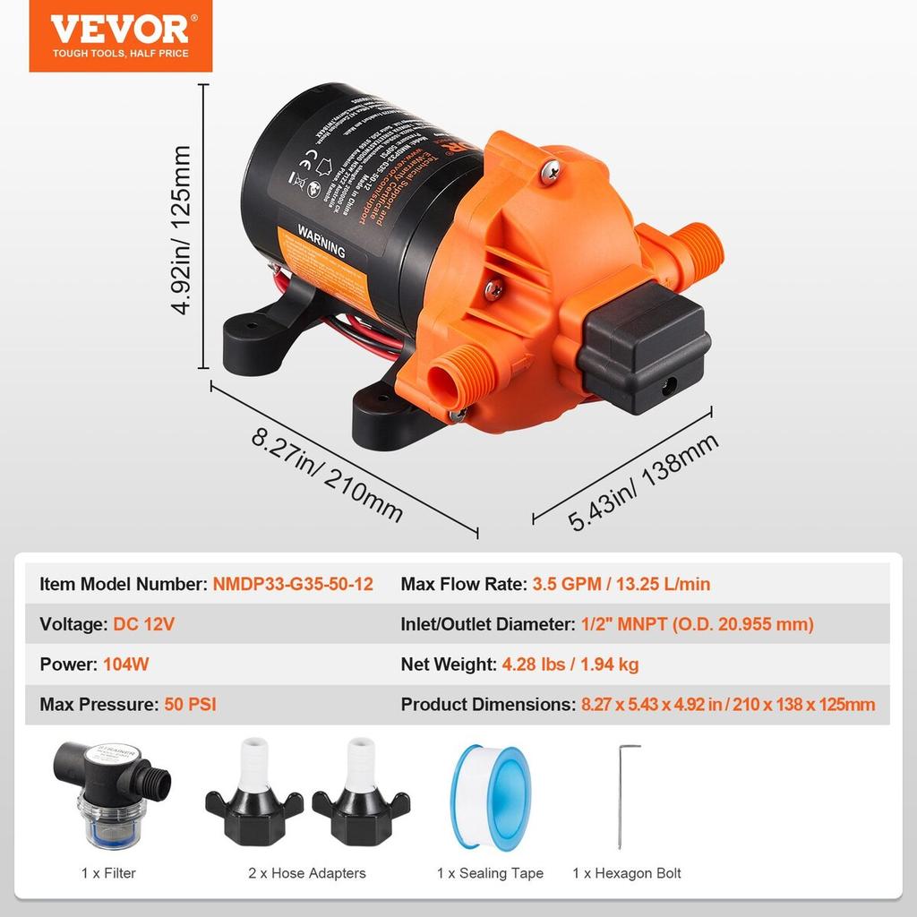 12V Diaphragm Pump 3.5GPM 13.25L/min 3-Chamber Water Pump Pressure Switch