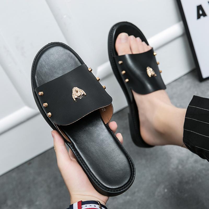 Summer Men's Flat Slippers Slide Sandals Outdoor Beach Open Toe Casual Soft Walking black Leather slippers