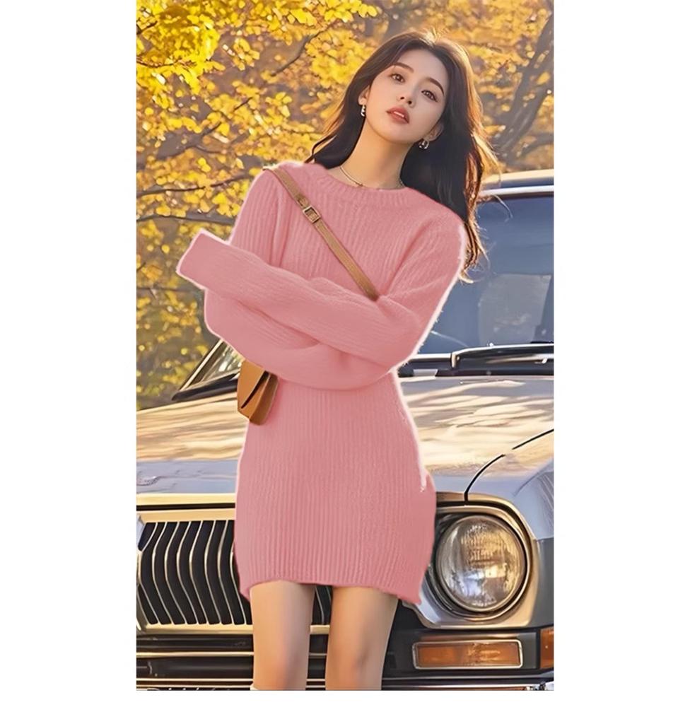 Elegant Mid-Length Knitted Wool Dress: Slim-Fitting, Figure-Flattering, Perfect for Autumn & Winter