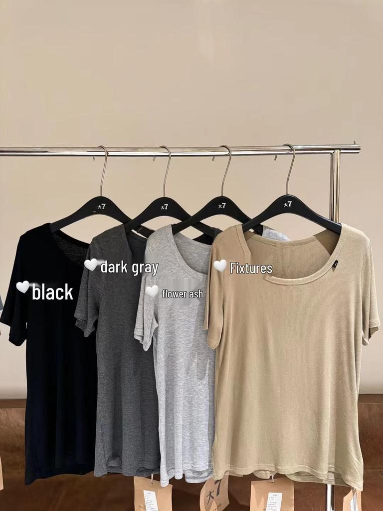 Women's Plus Size Korean Style Ribbed U-Neck Short Sleeve T-Shirt - Summer Casual Fit