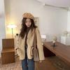 Women's Korean Style Color Block Lambswool Cardigan: Loose Fit, Contrast Stitching, Button-Up, Pocketed, Long Sleeve, Round Neck Winter Coat