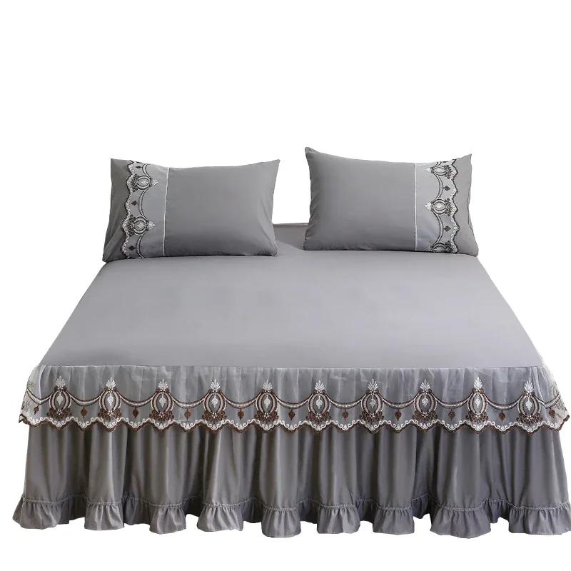3pcs Bed Skirt Bedspread Pillowcase Ruffle Lace Anti Slip 1.8x2.0m Bed Cover Solid Colour Lace Mattress Dust Bedding Cover