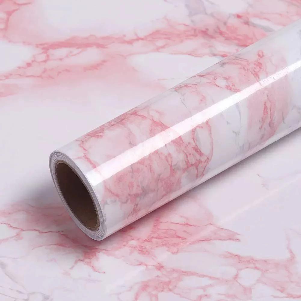 New Pink Marble Wall Cover Self-Adhesive Detachable Water-Repellent Wall Ornament Kitchen Cabinets Desktop Drawers Renovation Film