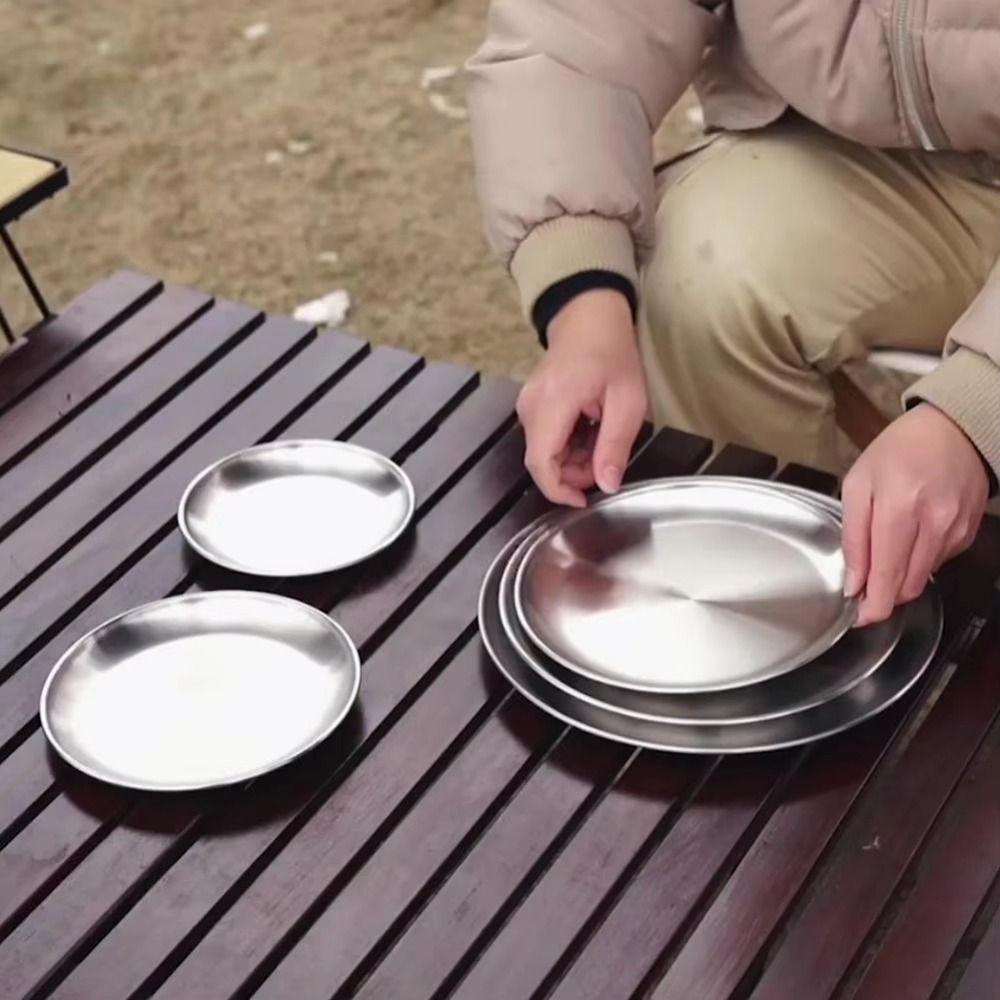 Portable Reusable Picnic Dinner Plate 14/17/20/23/26cm Round Shape Dining Tray Stainless Steel Stackable Dessert Plate Picnic