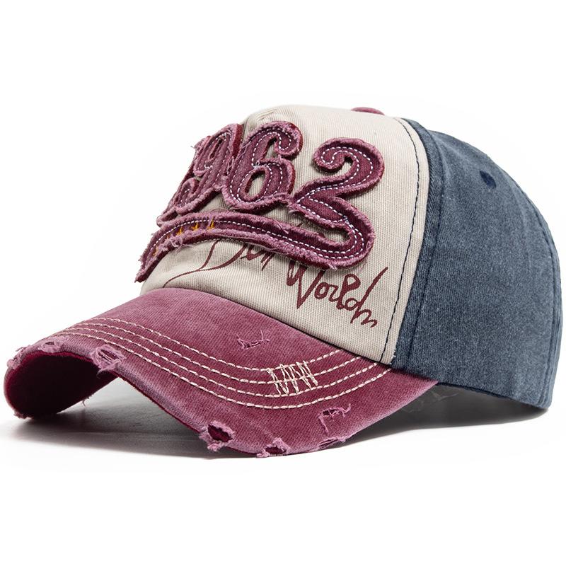 Vintage Washed Distressed Baseball Cap Men Embroidered 1962 Color Block Peaked Hat Casual Sun Protection Hat for Women