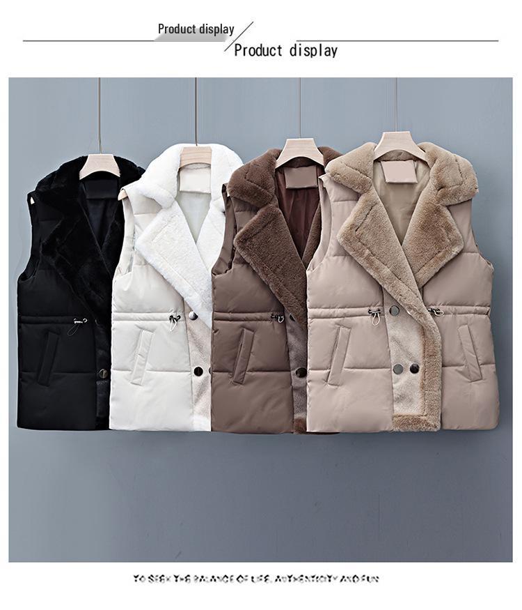 2026 Women's Plus Size Double-Breasted Fur Collar Waist-Cinched Leather & Fur Vest Jacket